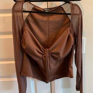 Boohoo Plus mesh sleeve hook and eye corset top